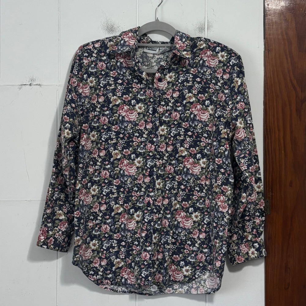 Vintage Capacity Women Navy Blue Pink Floral Rose Cotton Button Down Shirt Small